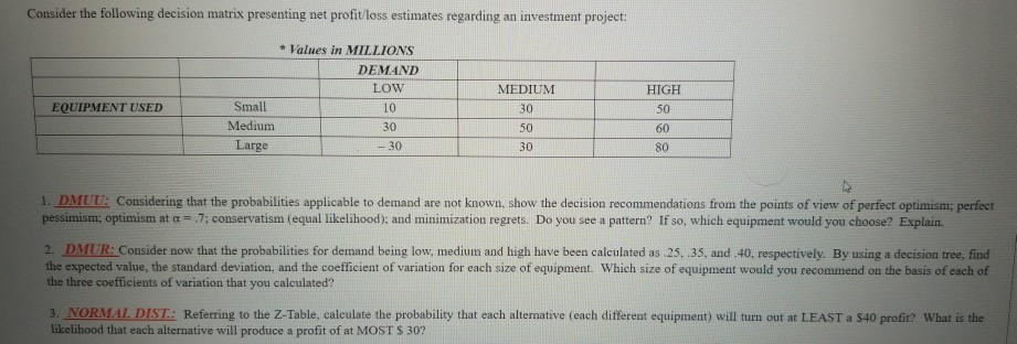 Consider the following decision matrix presenting
