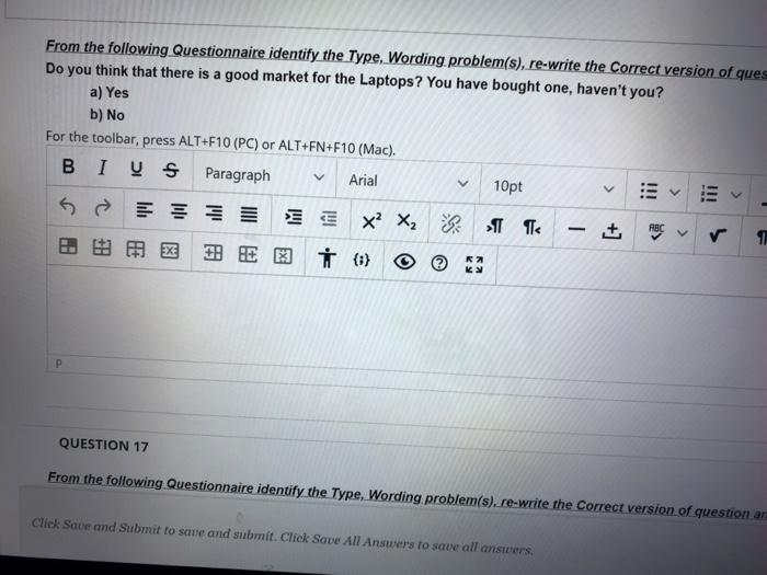 From the following Questionnaire identify the