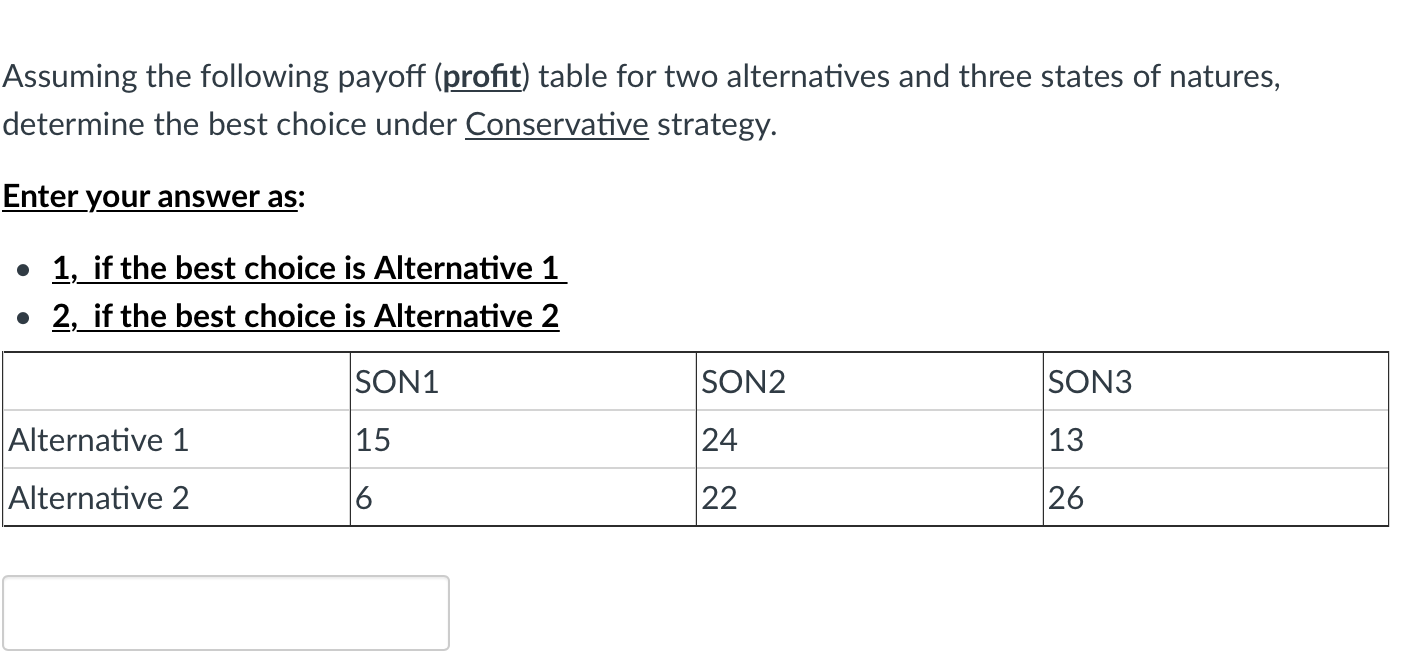 Assuming the following payoff (profit) table for