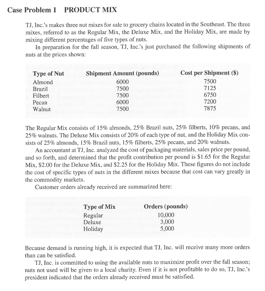 Solve with excel Case Problem 1 PRODUCT MIX TJ,