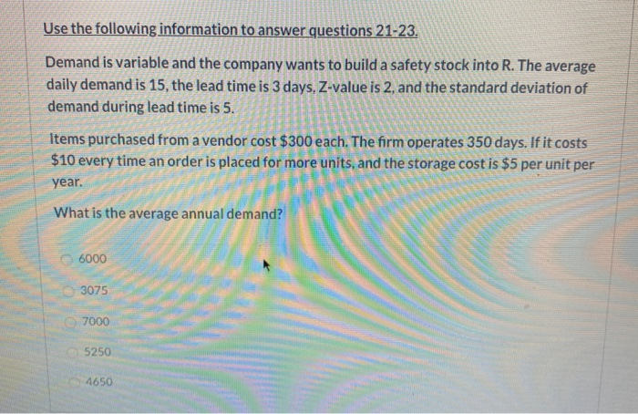 Use the following information to answer questions