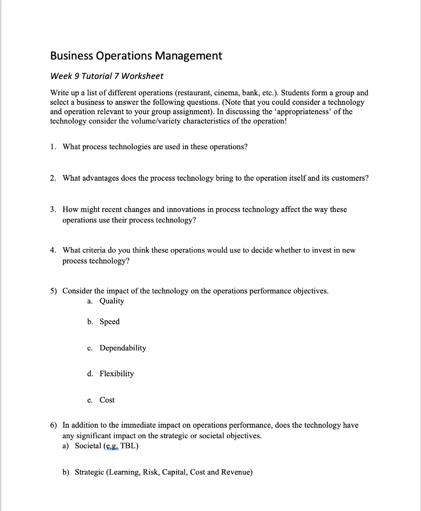 Business Operations Management Week 9 Tutorial 7