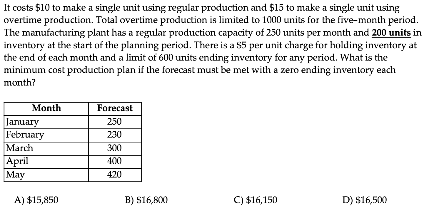 It costs $10 to make a single unit using regular