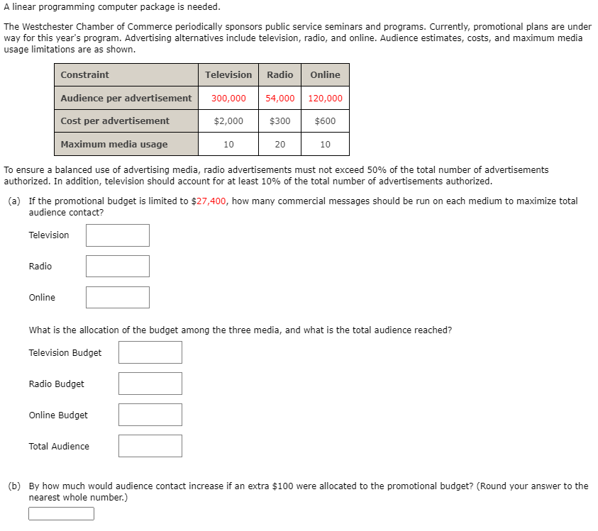 A linear programming computer package is needed.
