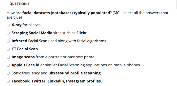 QUESTION 1 How are facial datasets (databases)