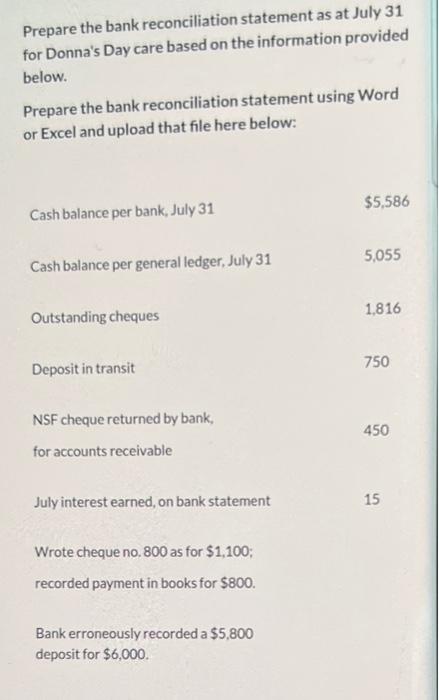 PreDare the bank reconciliation statement as at