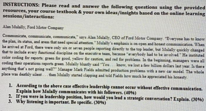 INSTRUCTIONS: Please read and answer the