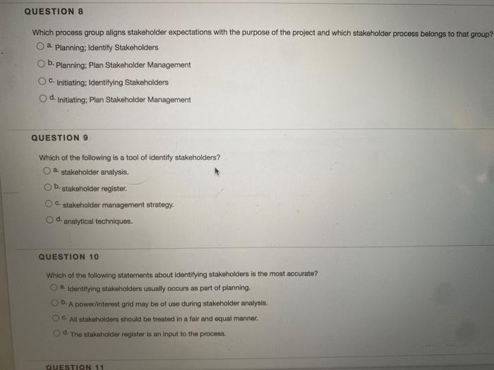 QUESTION 8 Which process group aligns stakeholder