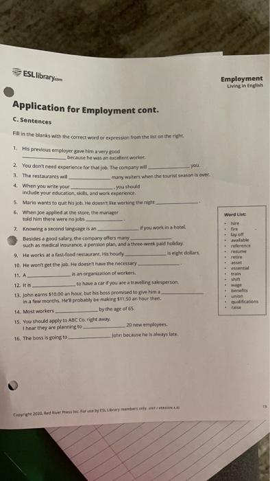 ESL library.com Employment Living in English