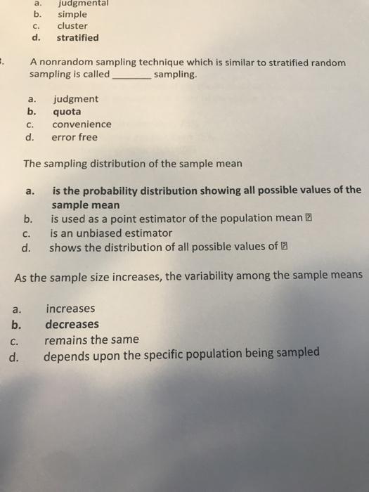 a. b. C. d. judgmental simple cluster stratified