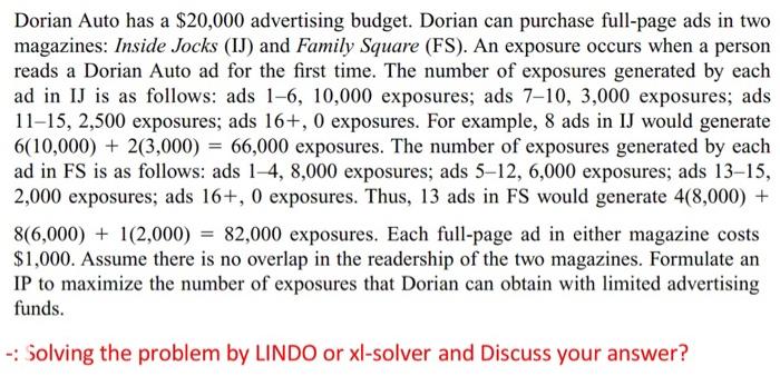 Solving the problem by LINDO or xl-solver and