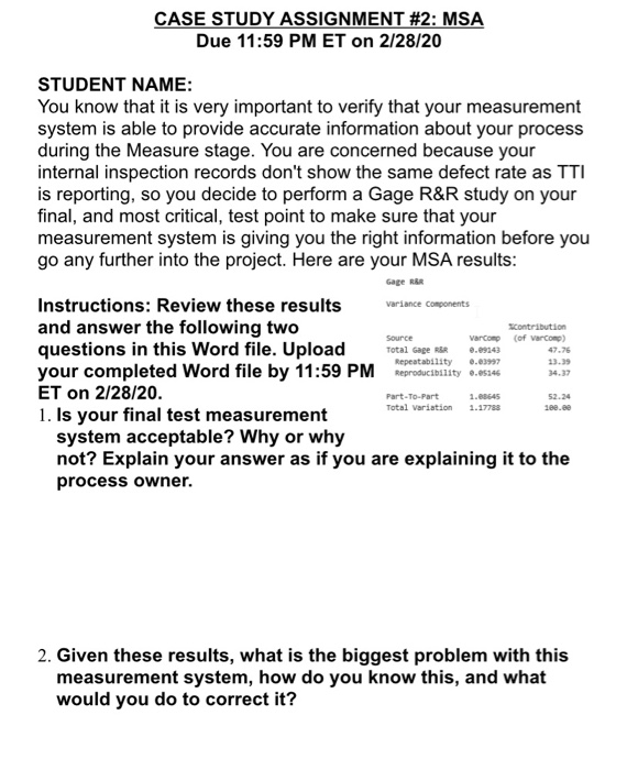 CASE STUDY ASSIGNMENT #2: MSA Due 11:59 PM ET on