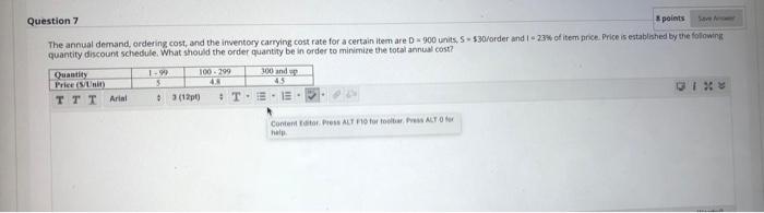 Question 7 Spolets The annual demand, ordering