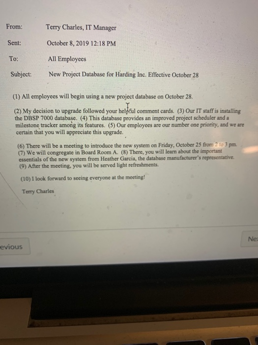 From: Terry Charles, IT Manager Sent: October 8,