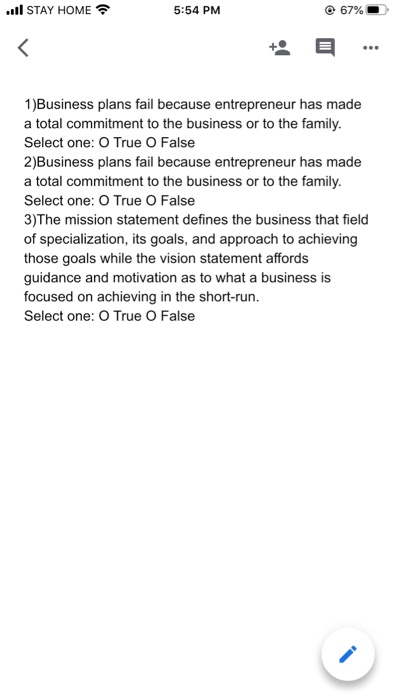 .. STAY HOME 5:54 PM 67% < ... 1)Business plans