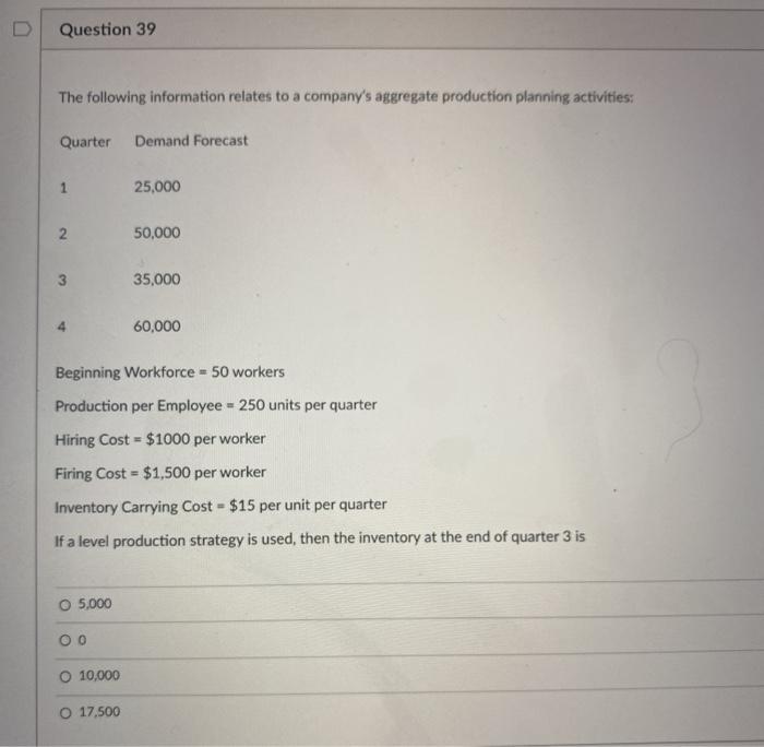 Question 39 The following information relates to