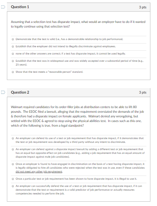 Question 1 3 pts Assuming that a selection test