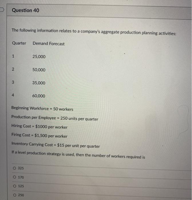 Question 40 The following information relates to