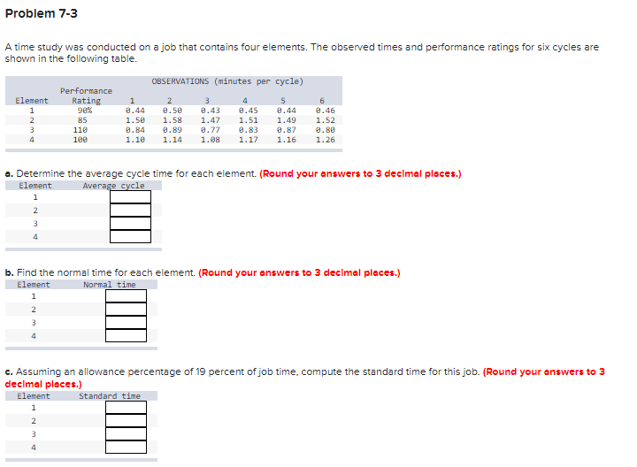 Problem 7-3 A time study was conducted on a job