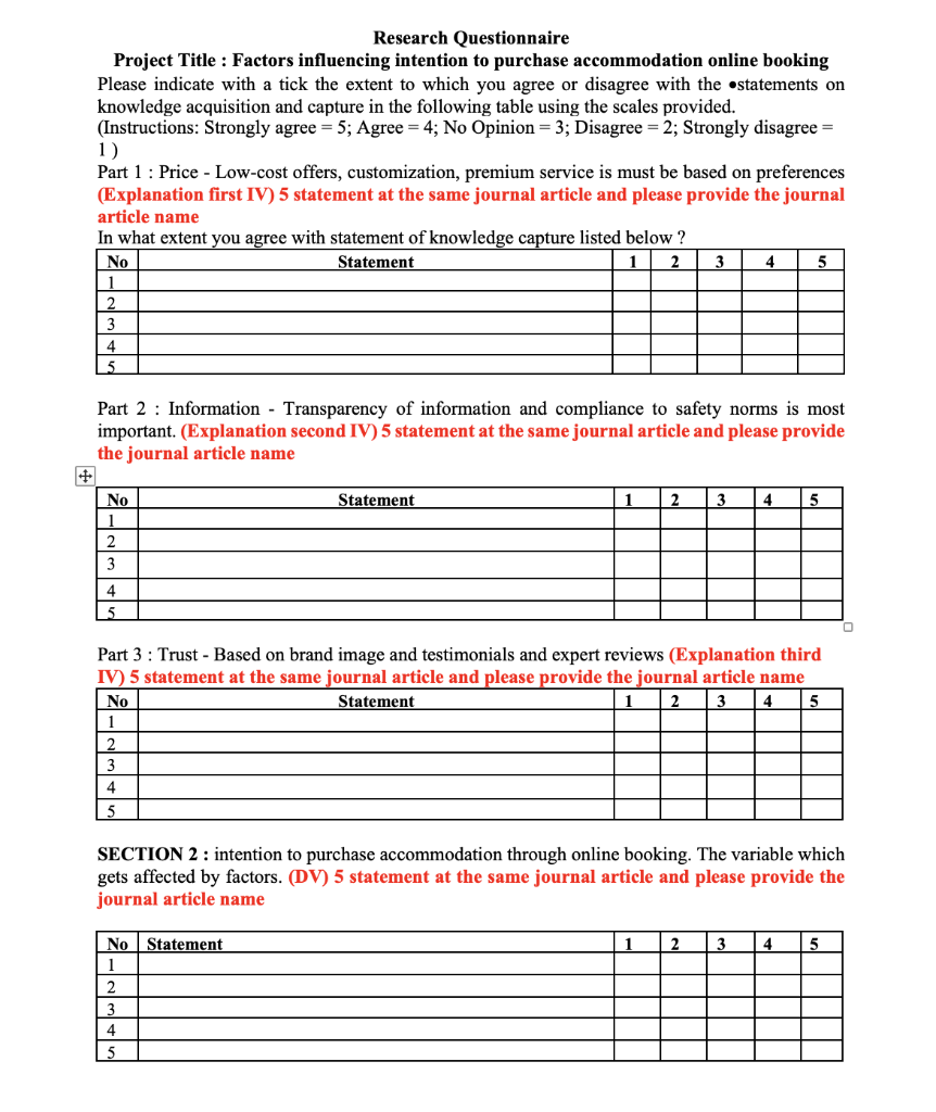 Research Questionnaire Project Title : Factors