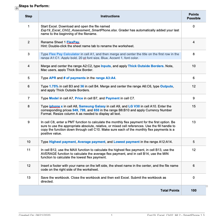 Steps to Perform: Step Instructions Points