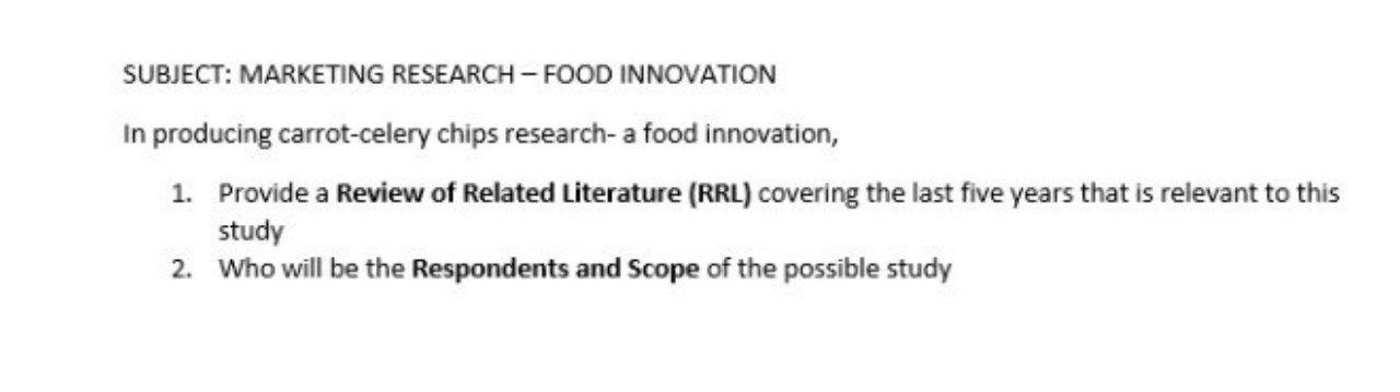 SUBJECT: MARKETING RESEARCH - FOOD INNOVATION In