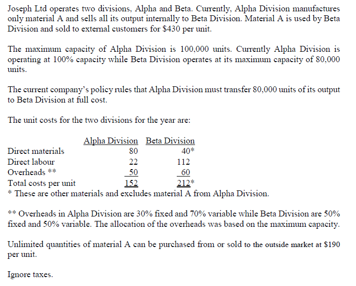 If Joseph Ltd would like both divisions to make