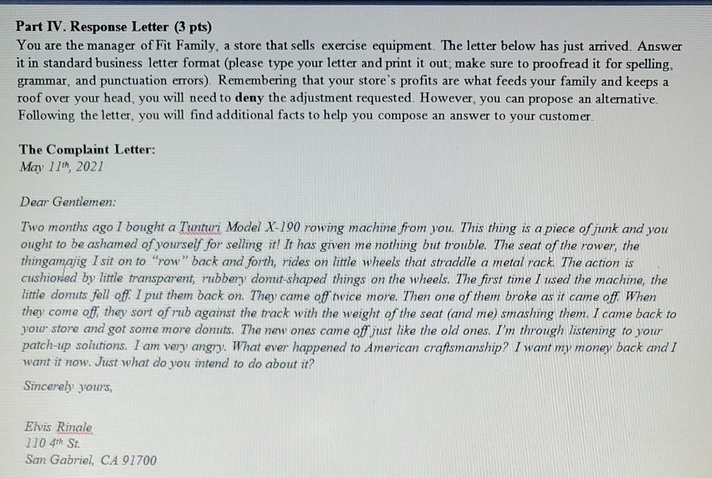 please help Part IV. Response Letter (3 pts) You