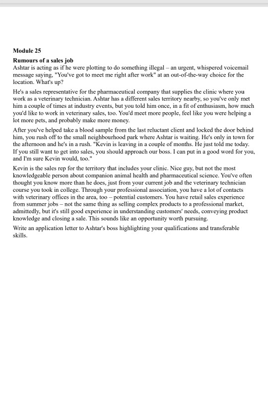 Module 25 Rumours of a sales job Ashtar is acting