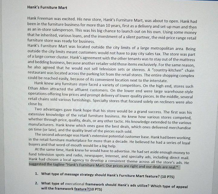 Study case Hank's Furniture Mart Hank Freeman was