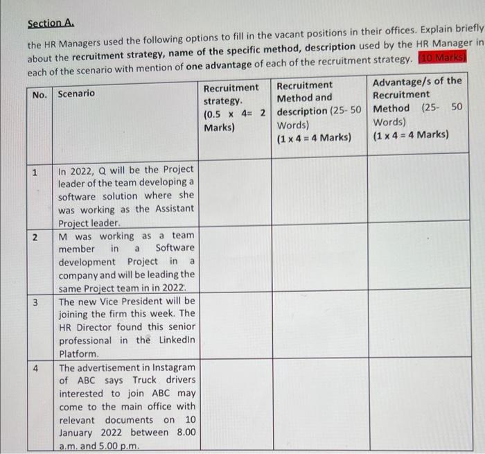 Section A. the HR Managers used the following