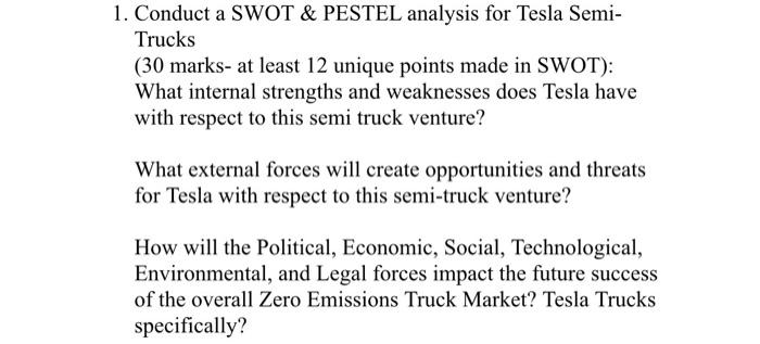 1. Conduct a SWOT & PESTEL analysis for Tesla