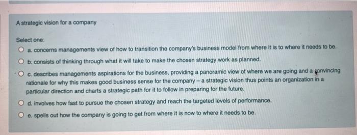A strategic vision for a company Select one: O a