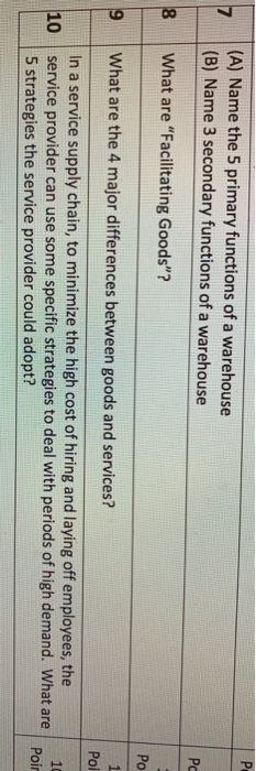 (A) Name the 5 primary functions of a warehouse