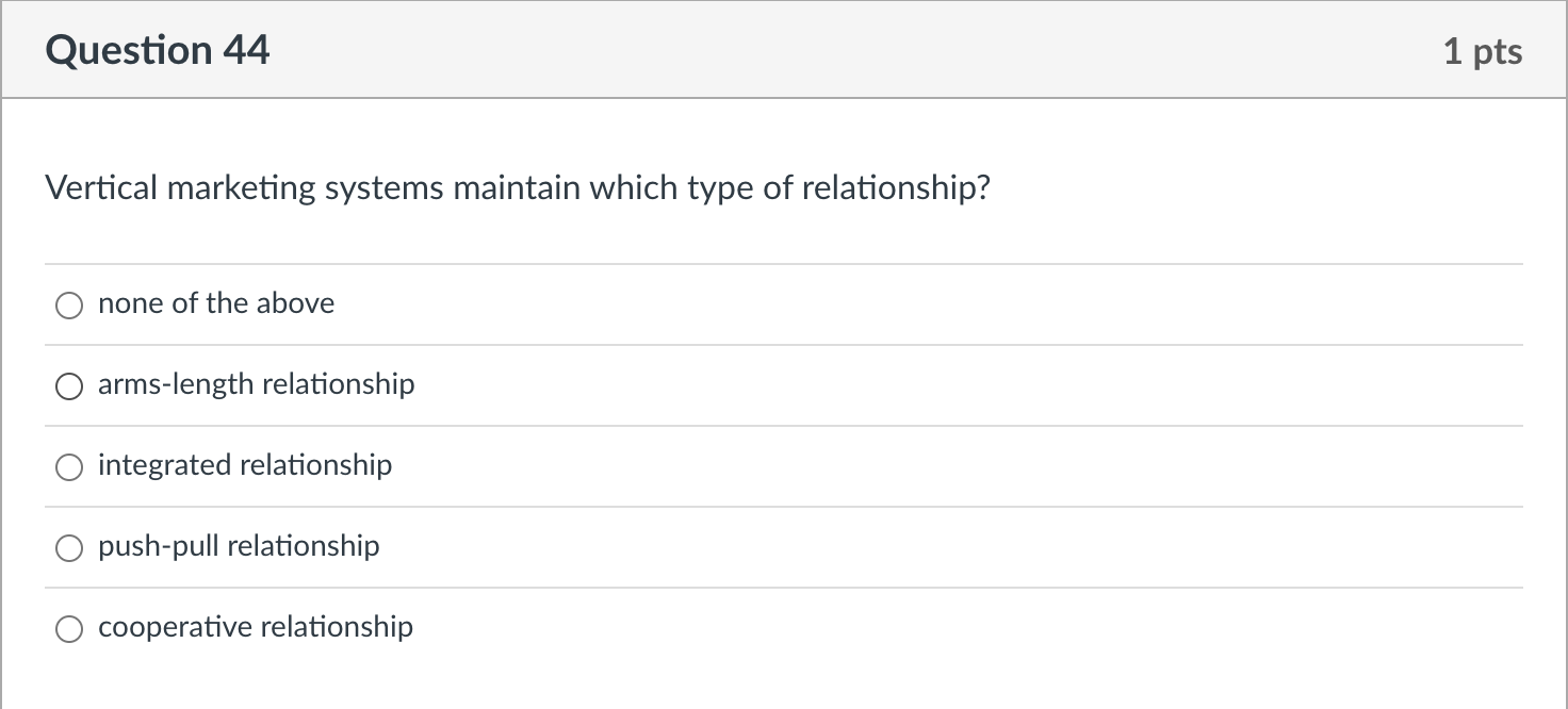 Question 44 1 pts Vertical marketing systems