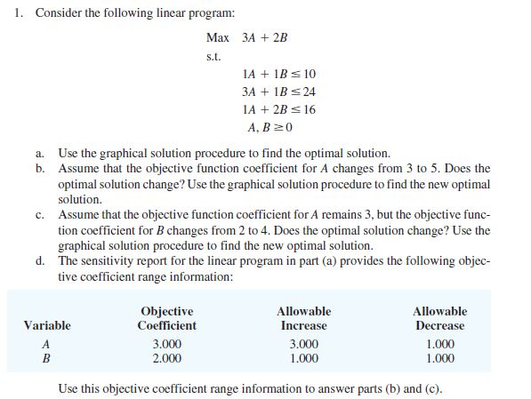 1. Consider the following linear program: Max 3A