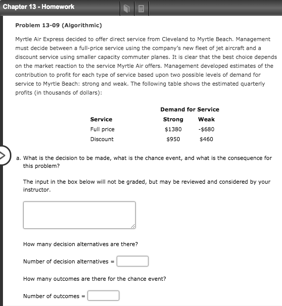 Chapter 13 - Homework Problem 13-09 (Algorithmic)