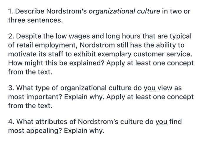 1. Describe Nordstrom's organizational culture in