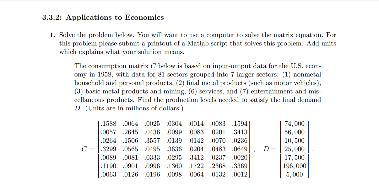 3.3.2: Applications to Economics 1. Solve the