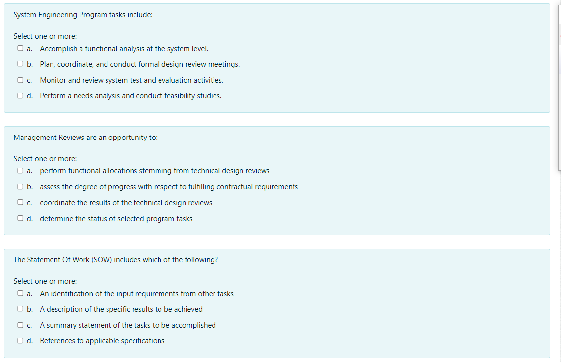 System Engineering Program tasks include: Select