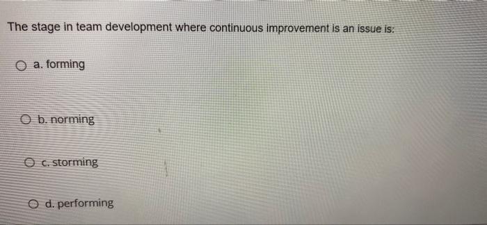 The stage in team development where continuous