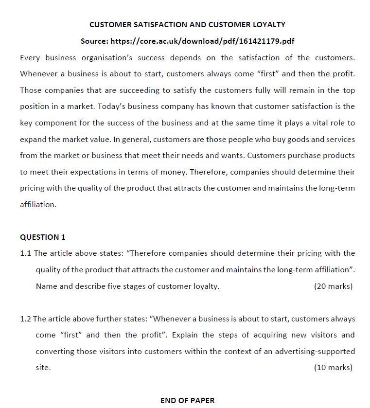 CUSTOMER SATISFACTION AND CUSTOMER LOYALTY