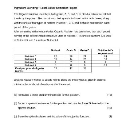 Ingredient Blending 1 Excel Solver Computer