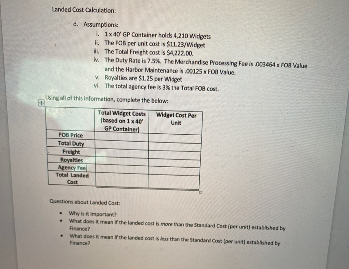 Landed Cost Calculation: d. Assumptions: i. 1x 40