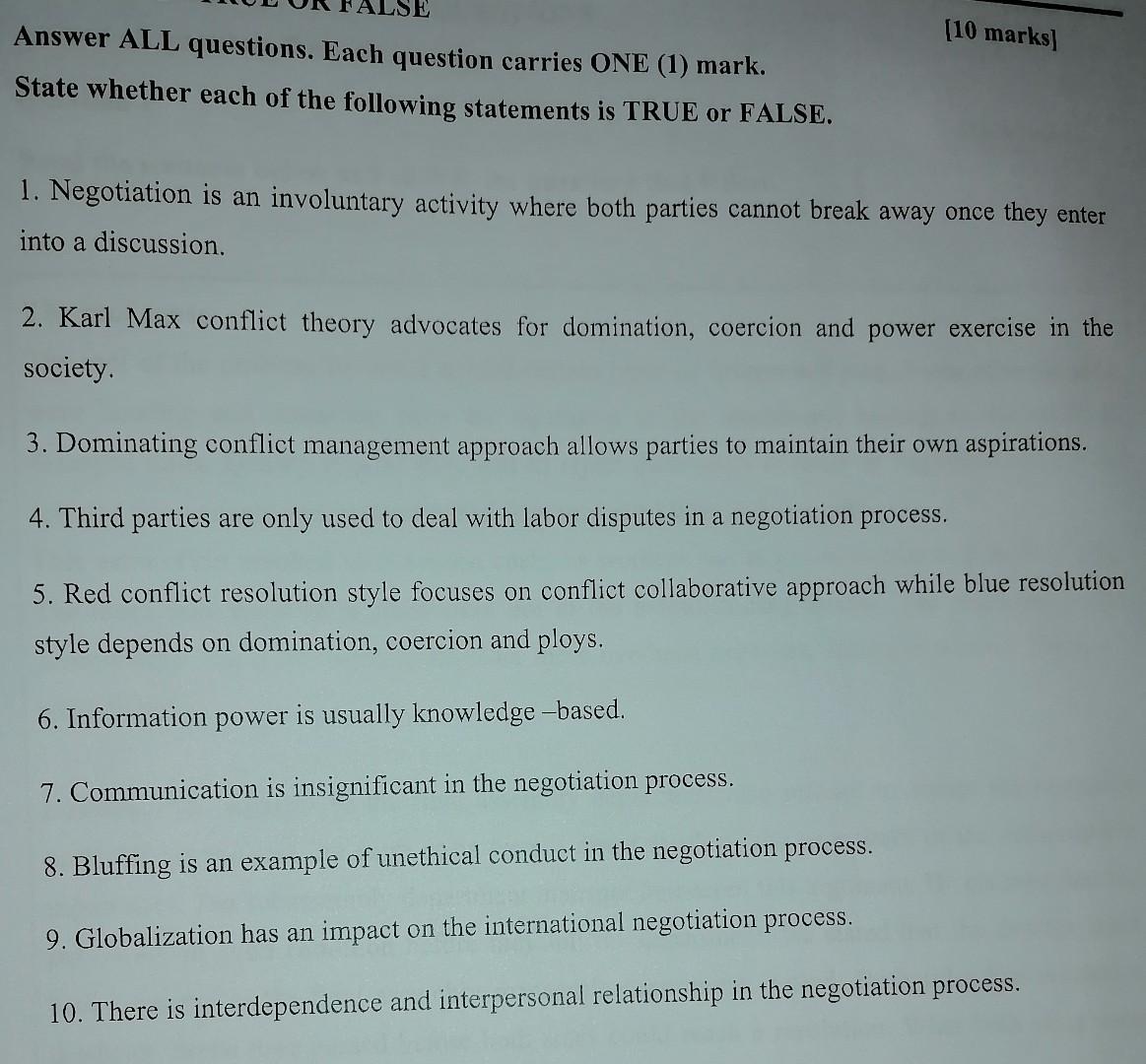 Answer ALL questions. Each question carries ONE