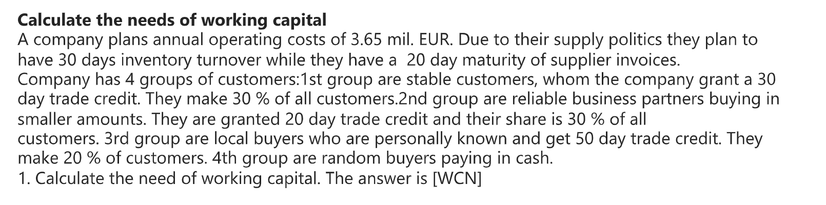 Calculate the needs of working capital A company