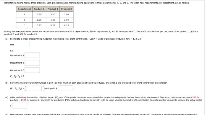 Hart Manufacturing makes three products. Each
