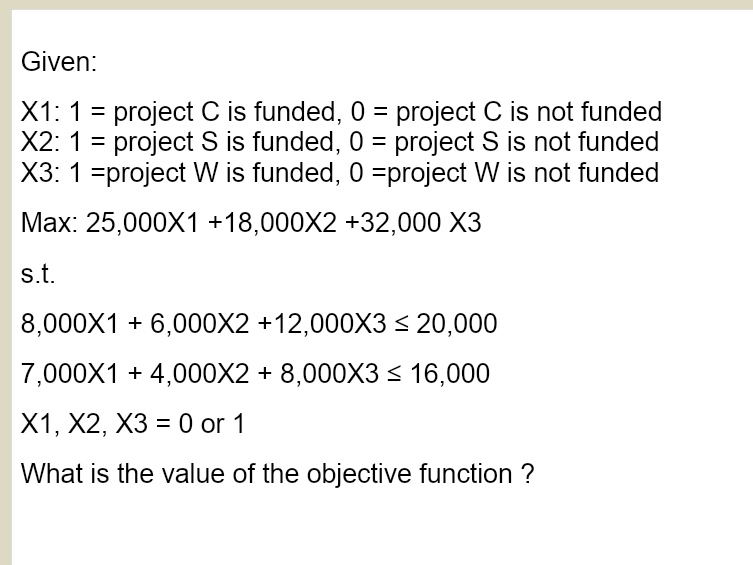 = Given: : X1: 1 = project C is funded, 0 =