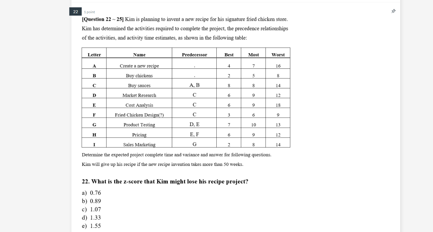 22 1 point [Question 22 ~ 25] Kim is planning to