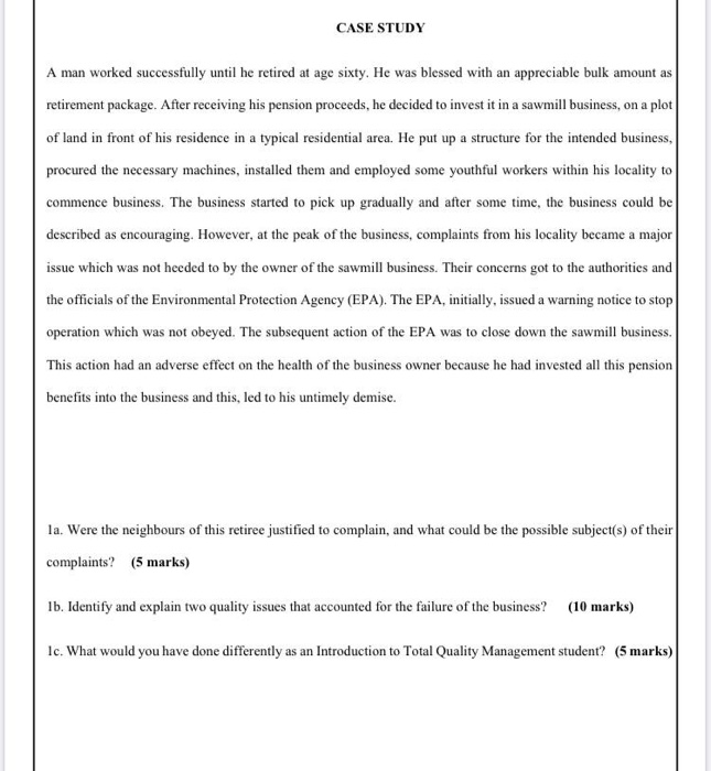 This is a case study question under Total Quality